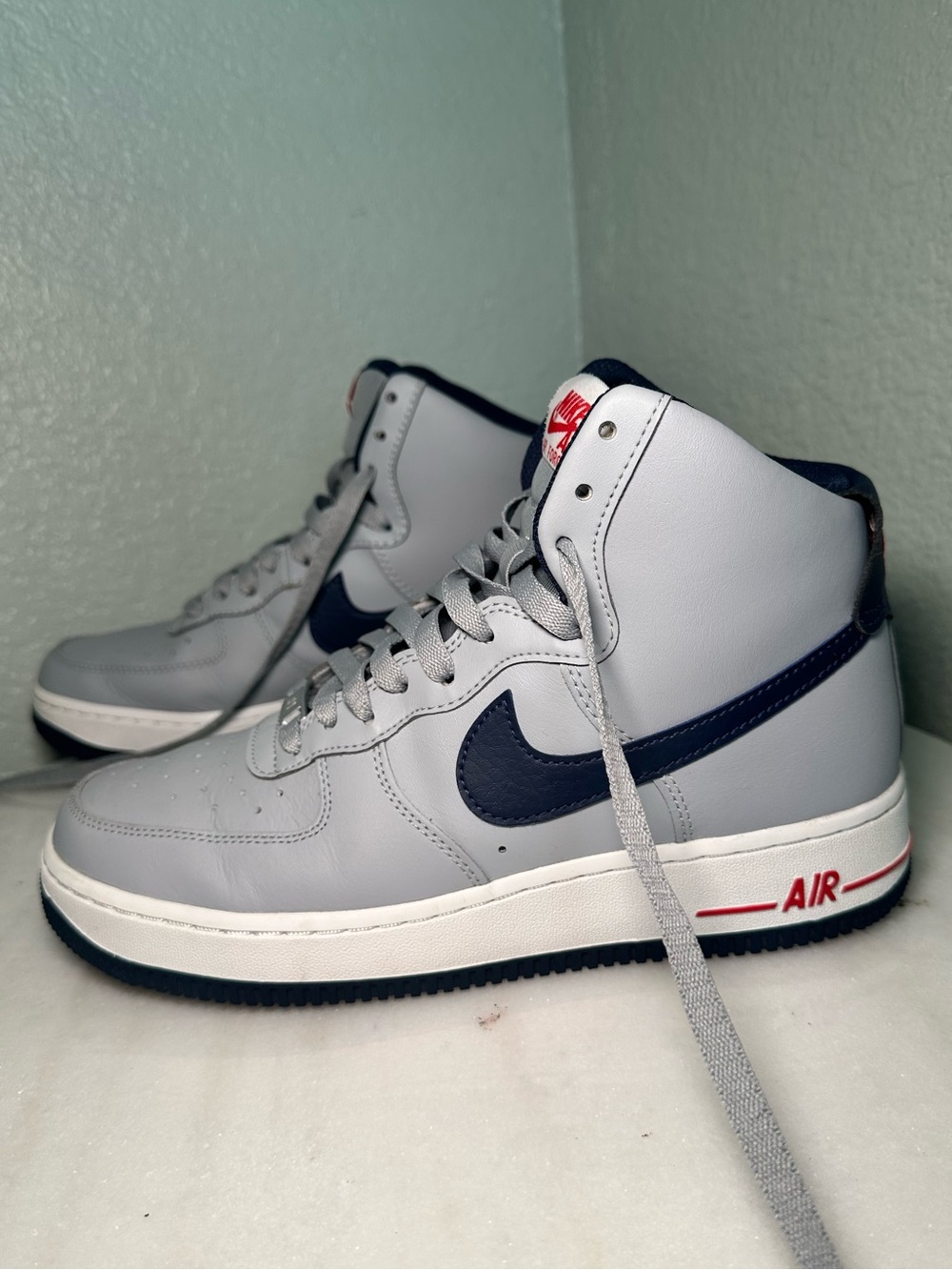 Nike Air-Style High Top Sneakers in Light Gray and Navy with Red Accents